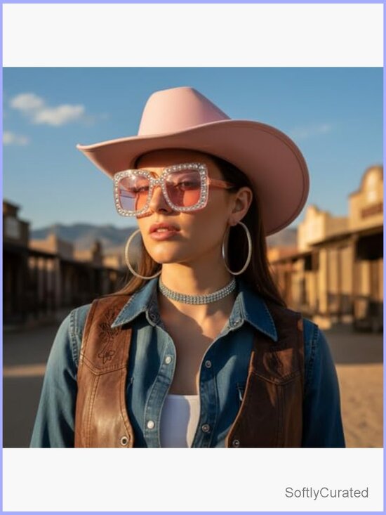 Cowgirl Hat Set Rhinestone Cowboy Earring Necklace Sunglass Disco Costume Parts main image 6
